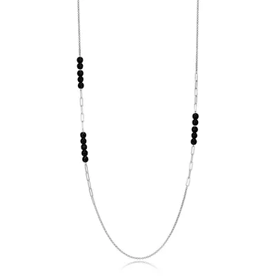 Rhodium-plated Sterling Silver Genuine Black Agate Beads Clip Link Accent Long Necklace