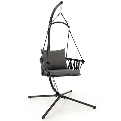 Hanging Swing Hammock Chair With Stand Metal Frame Woven Backrest Seat Cushions