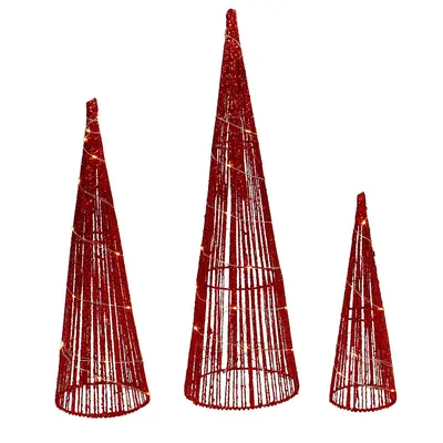 Set Of 3 Led Lighted Red Glitter Cone Tree Outdoor Christmas Decorations 23.5"