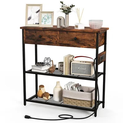 Entryway Table With Charging Station Narrow Console Table With 2 Drawers Brown/oak