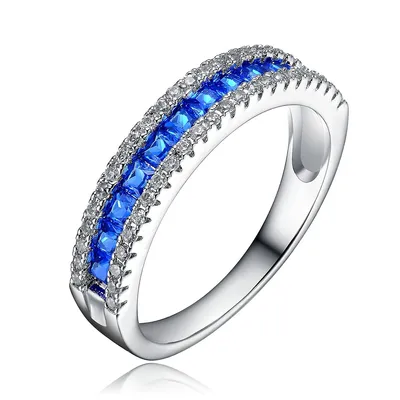 Sterling Silver White Gold Plating With Sapphire Cubic Zirconia Band Ring
