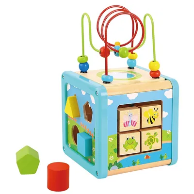 Play Cube Activity Center - 6pcs - 5-in-1 Wooden Educational Toy With Bead Maze And Shape Sorter, For Toddlers 18 Months +