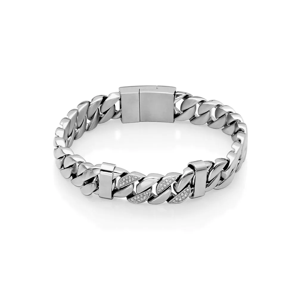 11.75mm Stainless Steel Bold Cubic Zirconia Link Bracelet