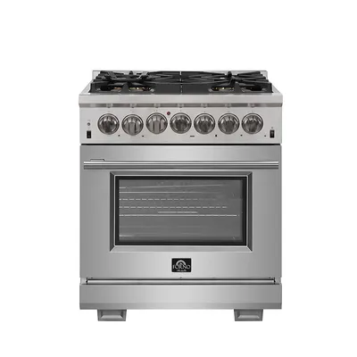 Capriasca 30-inch Freestanding Dual Fuel Range All Stainless Steel with 5 Brass Burners, 4.32 cu.ft. & Wok Support - FFSGS6187-30