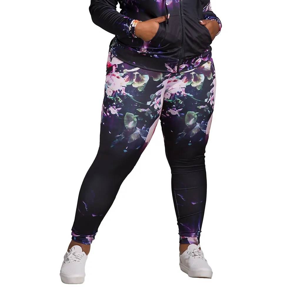 Poetic Justice Curvy Active Black Floral Print Poly Tricot Leggings