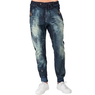 Men's Premium Knit Denim Jogger Jeans Indigo Drop Crotch Tainted Vintage Wash