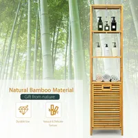 Bathroom Tilt-out Laundry Hamper Bamboo Tower Hamper W/3-tier Shelves