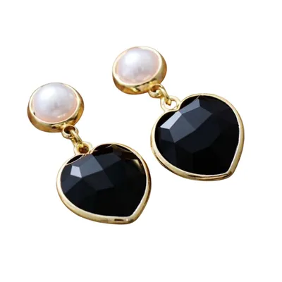 Goldtone Onyx Heart Imitation Pearl Drop Earrings