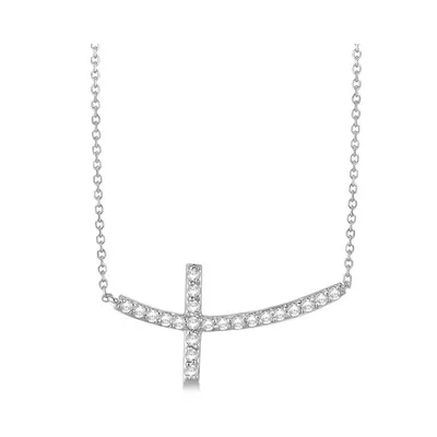Diamond Sideways Curved Cross Pendant Necklace 14k White Gold 0.75ct