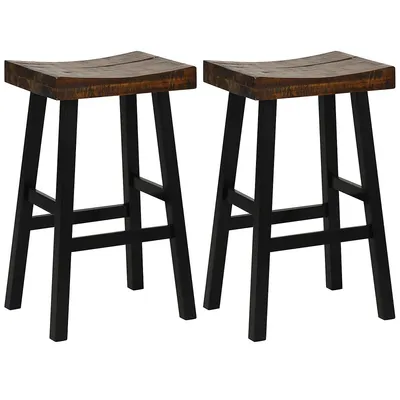 24" Bar Stool Set Of 2 Counter Height Solid Wood Curved Saddle Seat Footrest