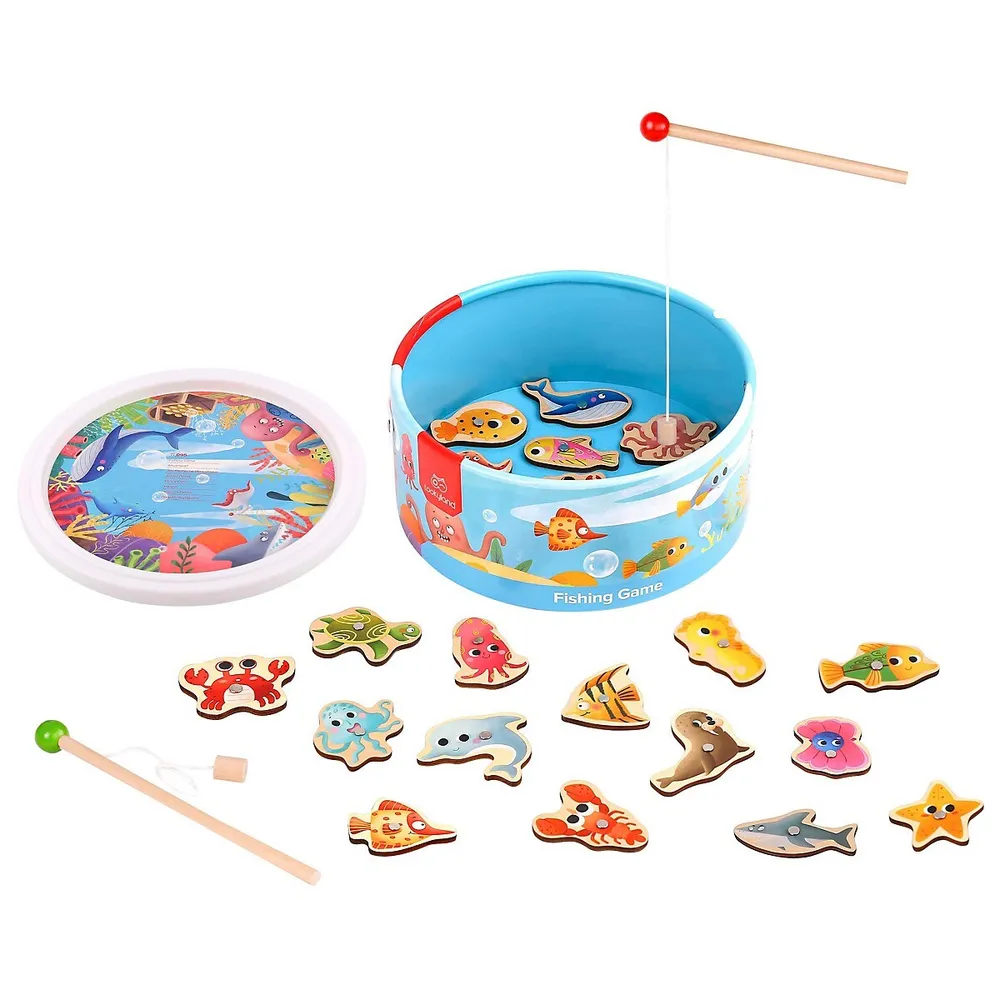 TOOKYLAND Wooden Magnetic Fishing Game - 66pcs Includes 20 Pieces To Fish,  Jigsaw Puzzle, 3 Rods And Storage Barrel, For Kids Years +