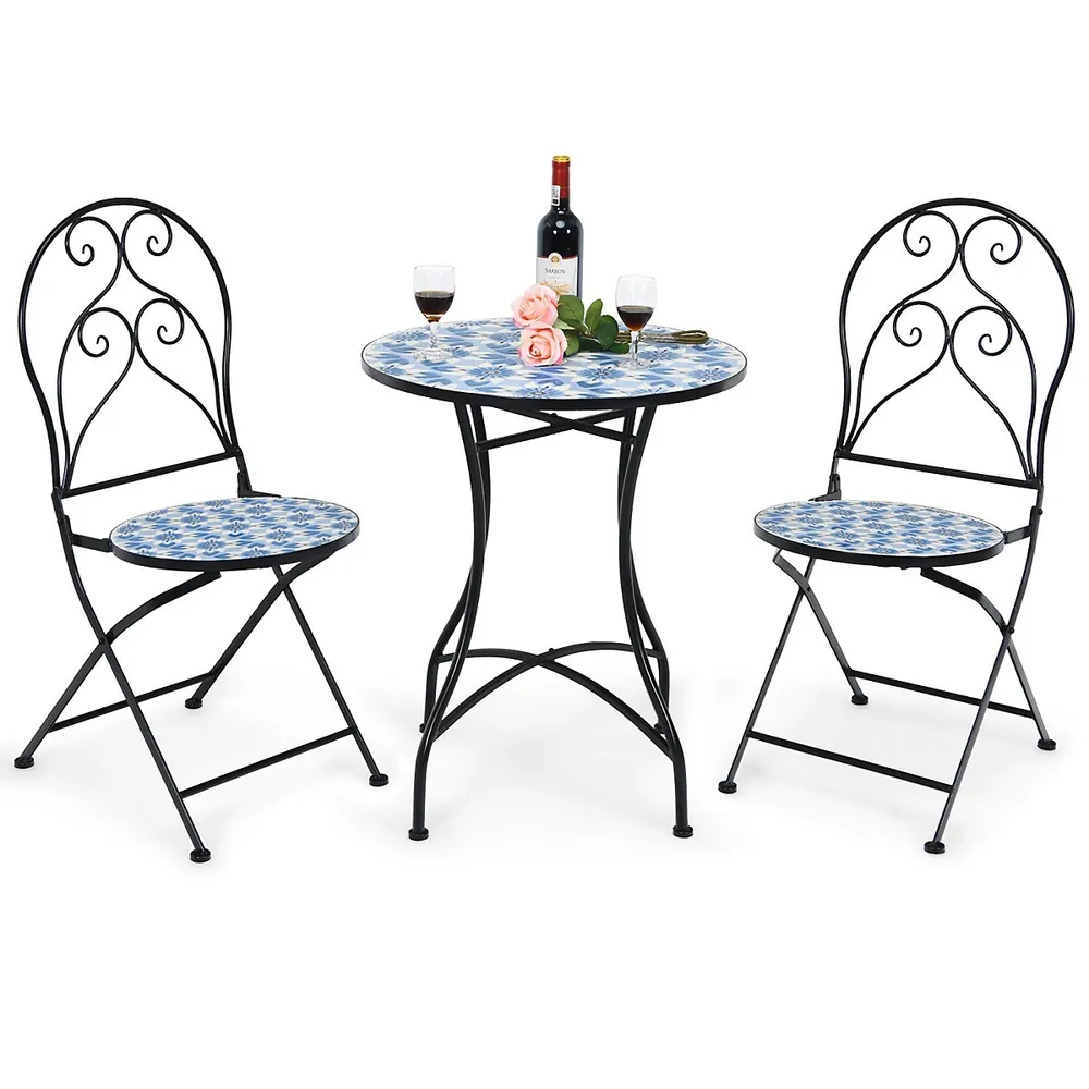 3pcs Patio Bistro Furniture Set Folding Chair Mosaic Design Garden Blue