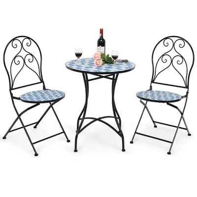 3pcs Patio Bistro Furniture Set Folding Chair Mosaic Design Garden Blue