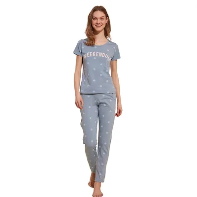 Women Polka Dot Medium Knitted T-shirt-trousers Pajama Set