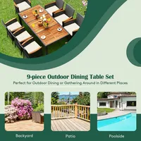 Costway 9pcs Patio Rattan Dining Set Acacia Wood Table Cushioned Chair Mix Gray