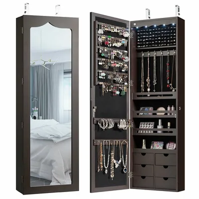 Lockable Wall Door Mounted Jewelry Cabinet Led Mirror Brown