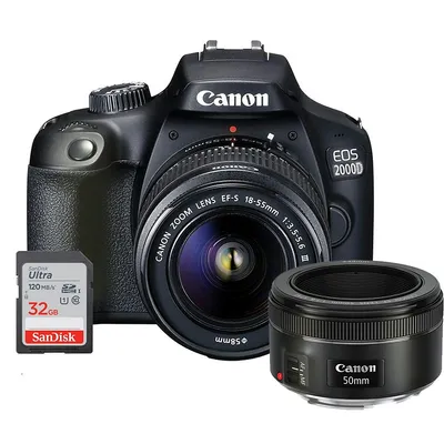 Eos 2000d Digital Slr Camera + 18-55mm Lens + Ef 50mm F/1.8 Stm Lens + 32gb Memory Card