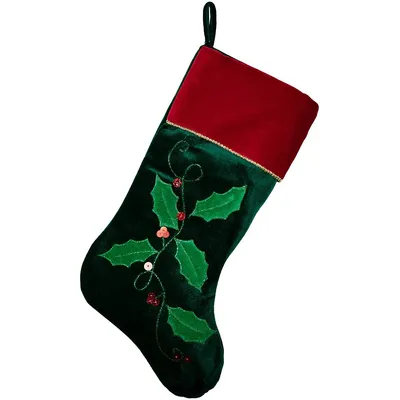 20" Dark Green And Red Holly Berry Christmas Stocking
