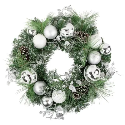 Green Pine Needle Wreath With Pinecones And Christmas Ornaments, 24-inch, Unlit