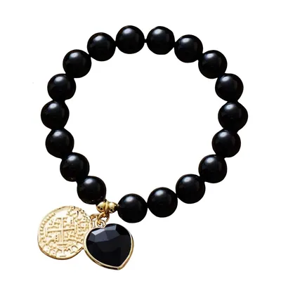 Black Agate Goldtone Heart Stretch Gemstone Bracelet