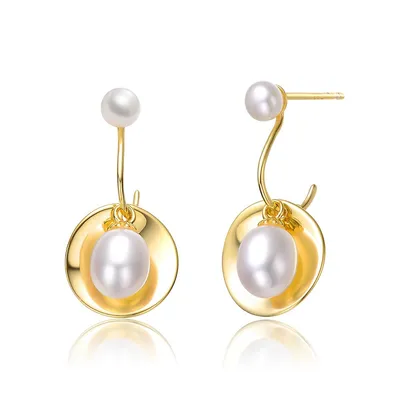 Sterling Silver 14k Yellow Gold Plated With White Freshwater Pearl Double Drop Seashell Dangle Earrings