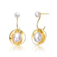 Sterling Silver 14k Yellow Gold Plated With White Freshwater Pearl Double Drop Seashell Dangle Earrings