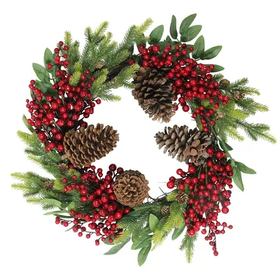 Pine Cone And Berry Artificial Christmas Wreath, 22-inch, Unlit