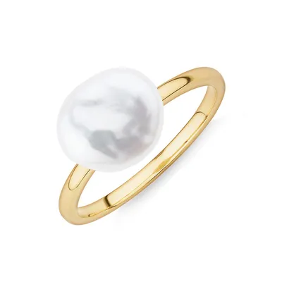 Ring With 9-10mm Cultured Freshwater Baroque Pearls 10kt Yellow Gold