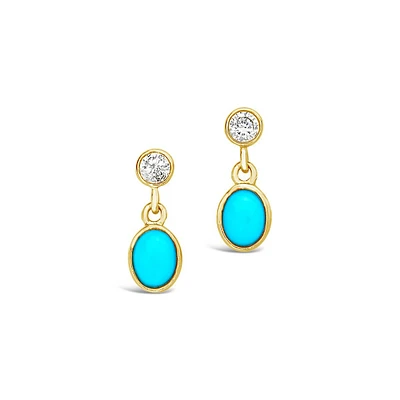 14k Gold Bezel Diamond & Turquoise Drop Stud Earrings