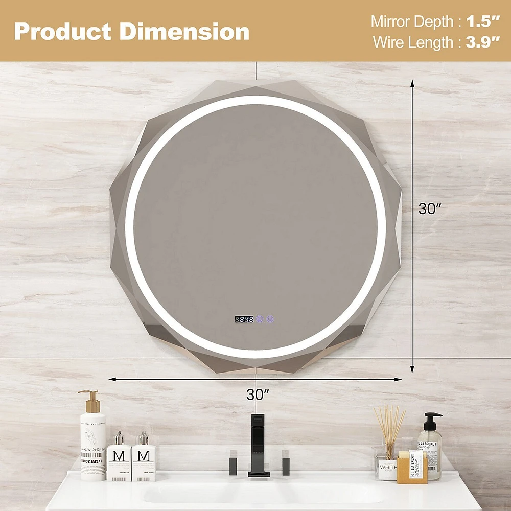 30" X 30" Led Bathroom Mirror With Dimmable 3-color Lights Defog Time/temp Display