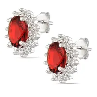 Sterling Silver Oval Ruby With Cubics Stud Earrings