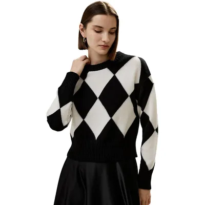 Round Neck Diamond Pattern Cashmere Sweater For Women
