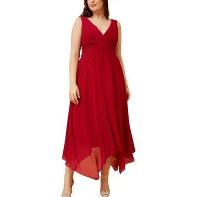 Scarlett Midi Dress Waisted Handkerchief Hem Red