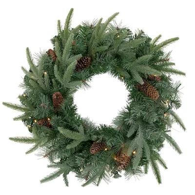 Pre-lit Battery Operated Mixed Pine And Pine Cone Christmas Wreath - 24" - Warm White Led Lights