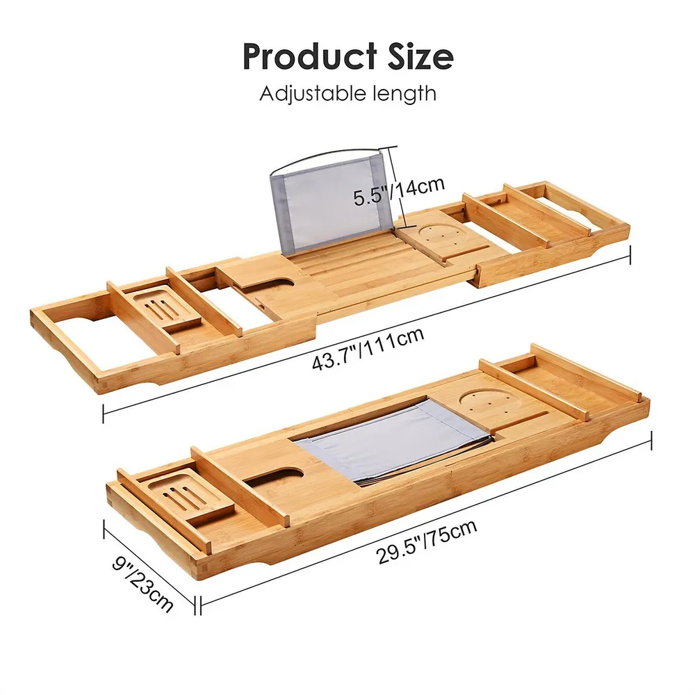 Bambusi Bathtub Caddy Tray with Extending Sides, Reading Stand