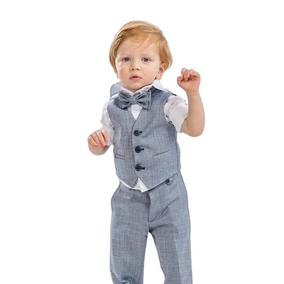 Prince Robin Boys Formal Suit Set - Stylish Knit Cotton Vest, Shirt, Pants, And Bowtie