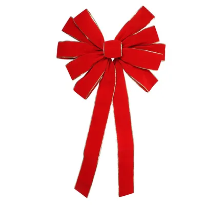 24" X 42" Large Red 11-loop Velveteen Christmas Bow With Gold Trim