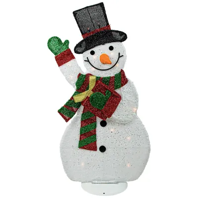32" Lighted Waving Snowman In Striped Scarf Outdoor Christmas Decor