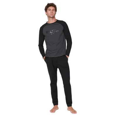 Male Plain Thin Knitted T-shirt-trousers Pajama Set