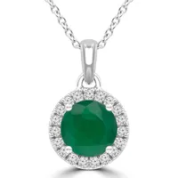 0.81 Ct Round Green Emerald Halo Pendant Necklace 14k White Gold