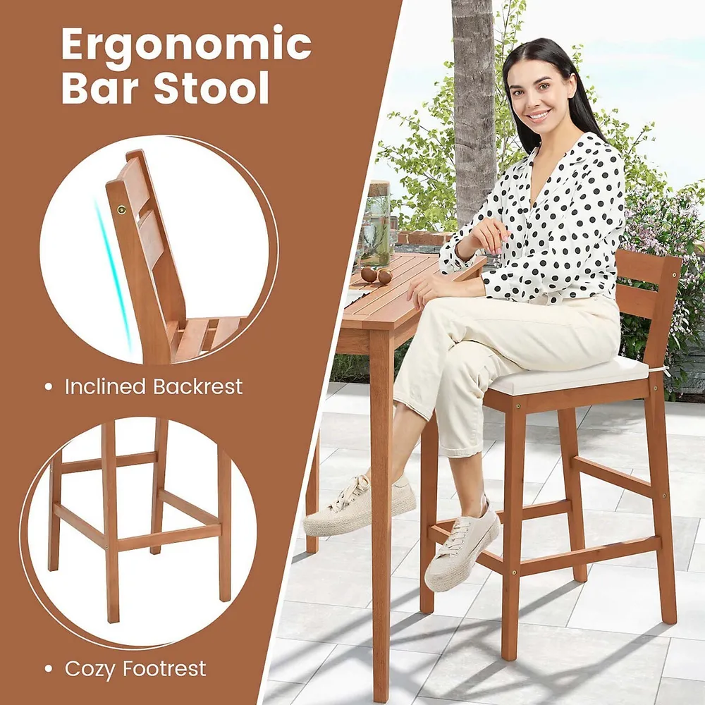 Outdoor Wood Barstools Eucalyptus Bar Height Chairs Cushioned Seat