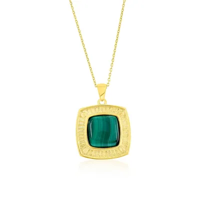 Sterling Silver Square Malachite Designed Pendant Necklace - Gold Plated