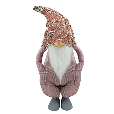 30" Pink And Gray Plaid Tall Christmas Gnome Tabletop Figure