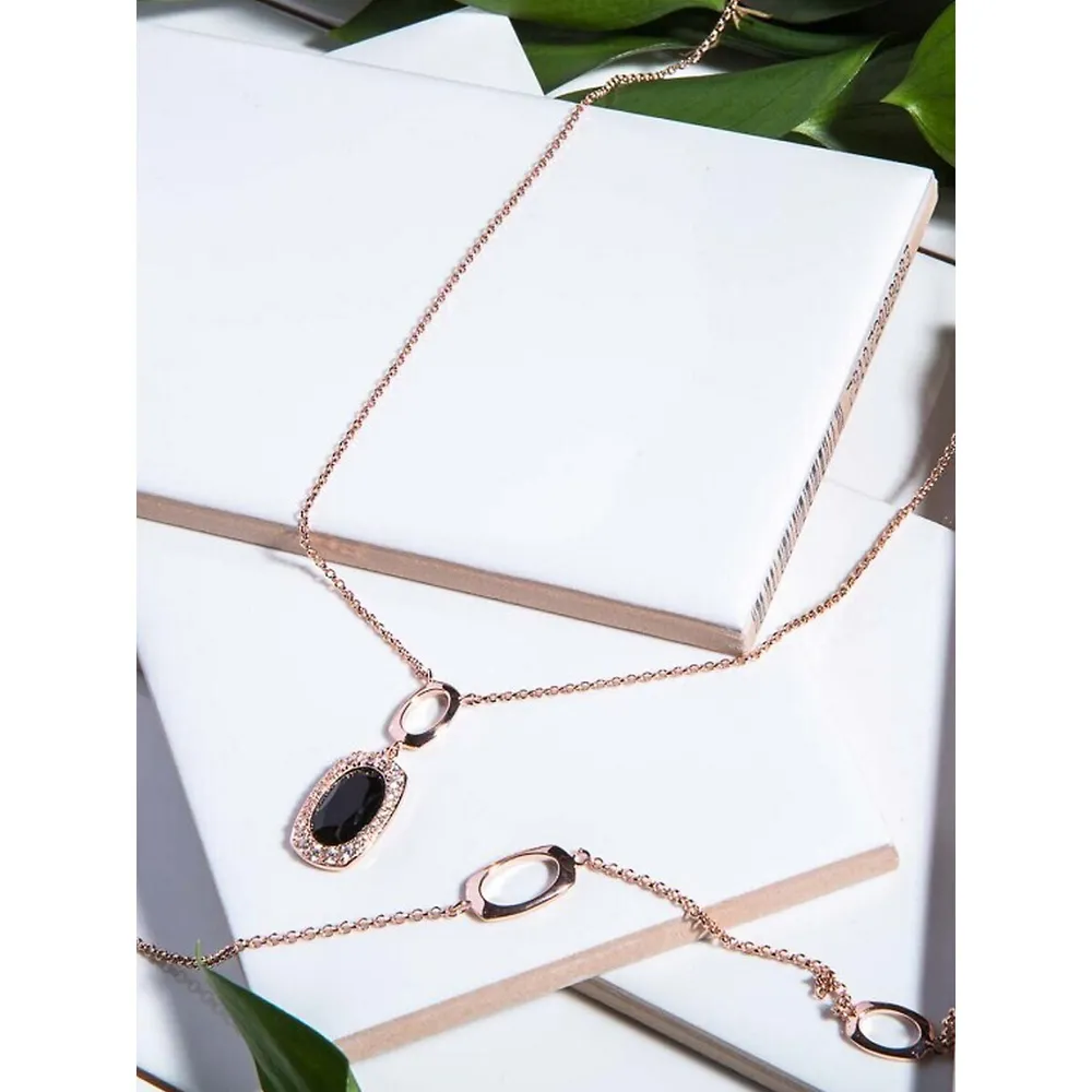 Rose Gold-plated Sterling Silver Genuine Black Agate & Cubic Zirconia Pendant Necklace