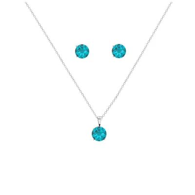 Silvertone December Blue Topaz Birthstone Cz Earring & Necklace Set