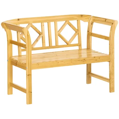 Wooden Bench W/ Stylish Pattern Backrest, Loveseat Chair, Natural
