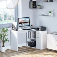 L Shaped Rotating Desk With Cabinet White