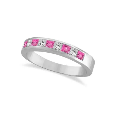 Princess Channel-set Diamond And Pink Sapphire Ring Band 14k White Gold