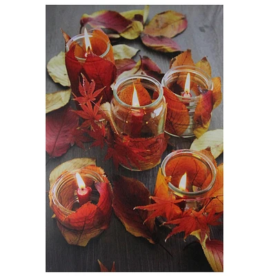 Led Lighted Autumn Leaves And Flickering Candles Canvas Wall Art 23.5" X 15.75"