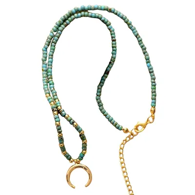 Turquoise Colored Seed Beads Goldtone Crescent Moon Necklace